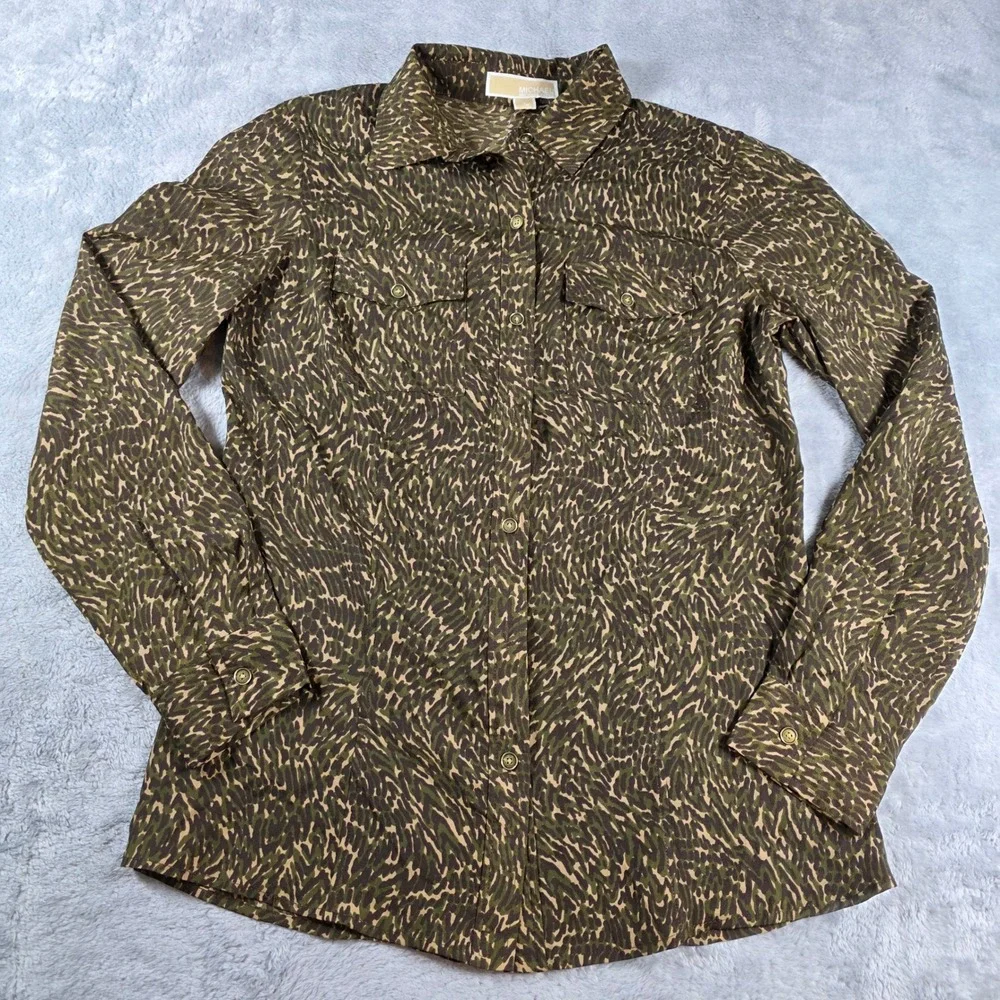 Michael Kors Women 4 Olive Green Animal Print Button Down Shirt Safari‎ Utility